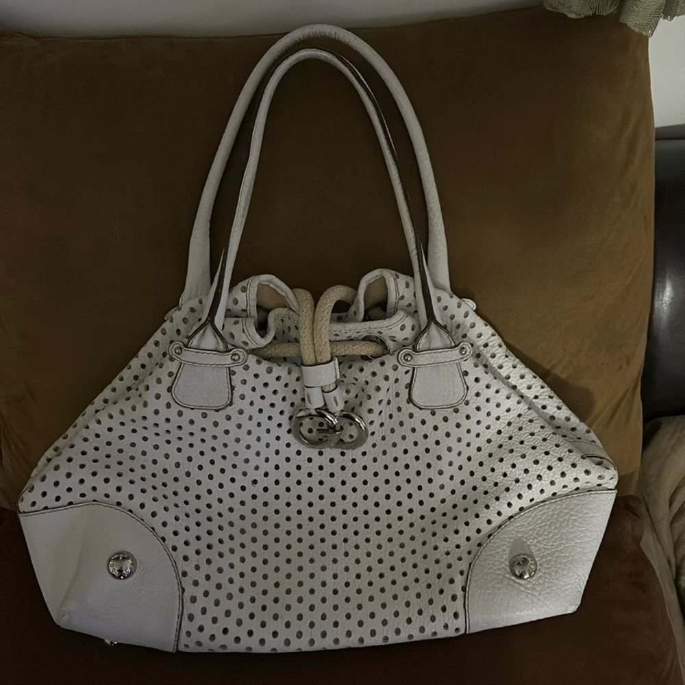 DOLCE & GABBANA White Perforated Leather Large Drawstring Shoulder Bag
